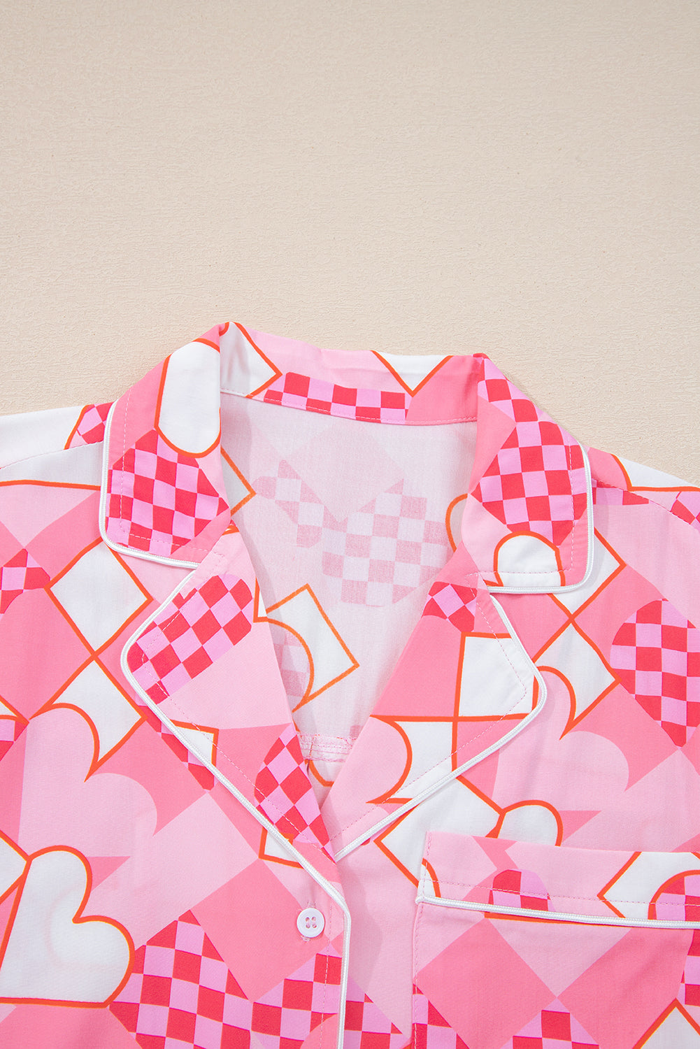 Pink Heart Print Shirt Style Silky Short Pajama Set