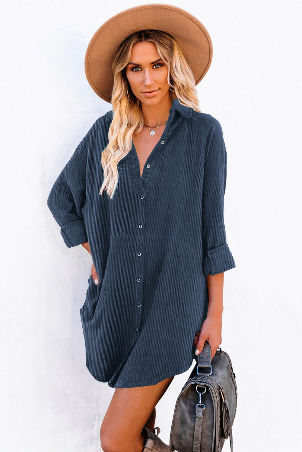 Black Corduroy Shirt Style Full Button Long Sleeve Shift Mini Dress