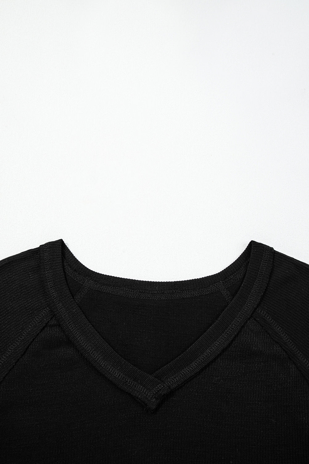Black Exposed Seam Textured Knit V Neck Pullover Top