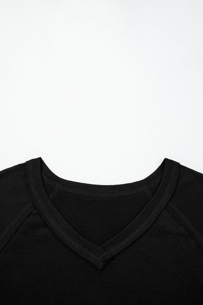 Black Exposed Seam Textured Knit V Neck Pullover Top