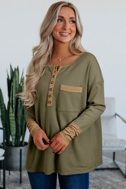 Vineyard Green Color Block Waffle Textured Tunic Henley Top with Slits