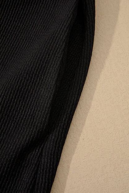 Black Contrast Color Block Leopard Trim Plus Size Ribbed Dress