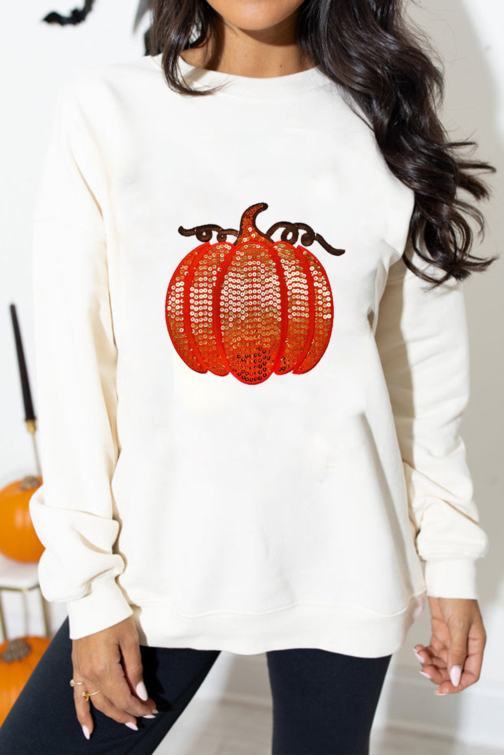 White Sequin Pumpkin Patched Casual Pullover Graphic Sweatshirt