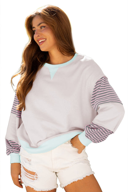 Parchment Striped Colorblock Patchwork Drop Shoulder Sweatshirt