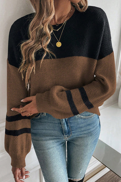 Medium Grey Color Block Knit Striped Sleeve Detail Casual Sweater