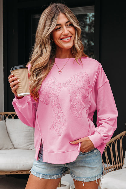 Bonbon Lace Insert Bow Embroidered Exposed Seam Sweatshirt