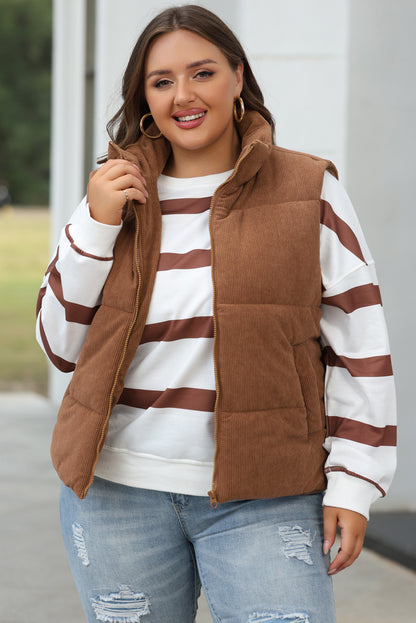 Apricot Pink Corduroy Stand Neck Zipped Puffer Vest