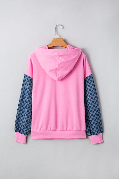 Bonbon Checkered Patchwork Kangaroo Pocket Half Zipper Hoodie