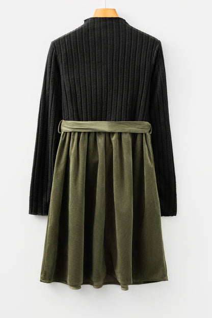 Black Ribbed Knit Slim Bodice Contrast Flared Skirt Patchwork Belted Dress