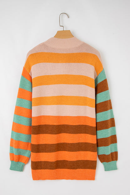 Orange Stripe Color Block High Neck Drop Shoulder Cozy Sweater
