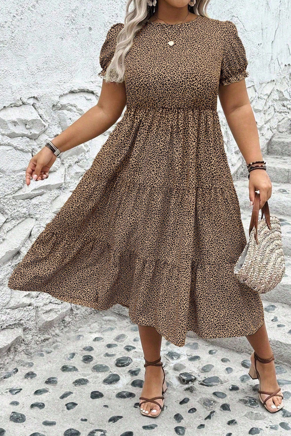 Beige Plus Size Leopard Print Frill Trim Short Sleeve Flared Dress