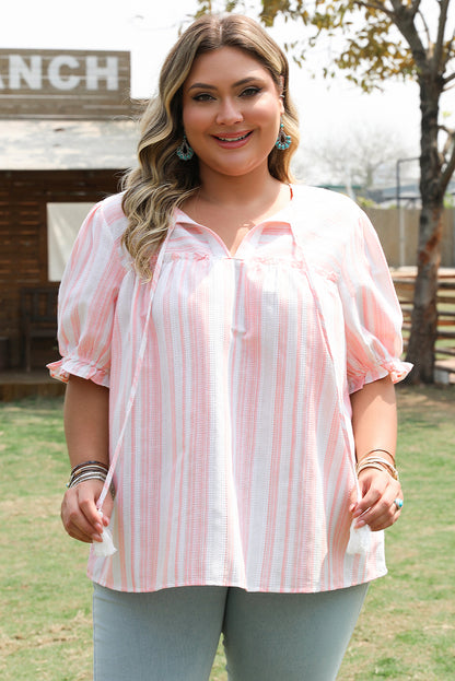 Pink Stripe Plus Size Tassel Tie Frilled Detail Short Sleeve Blouse