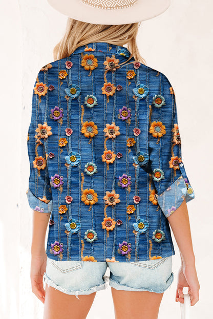 Blue Floral Collared V Neck Roll up Sleeve Shift Blouse