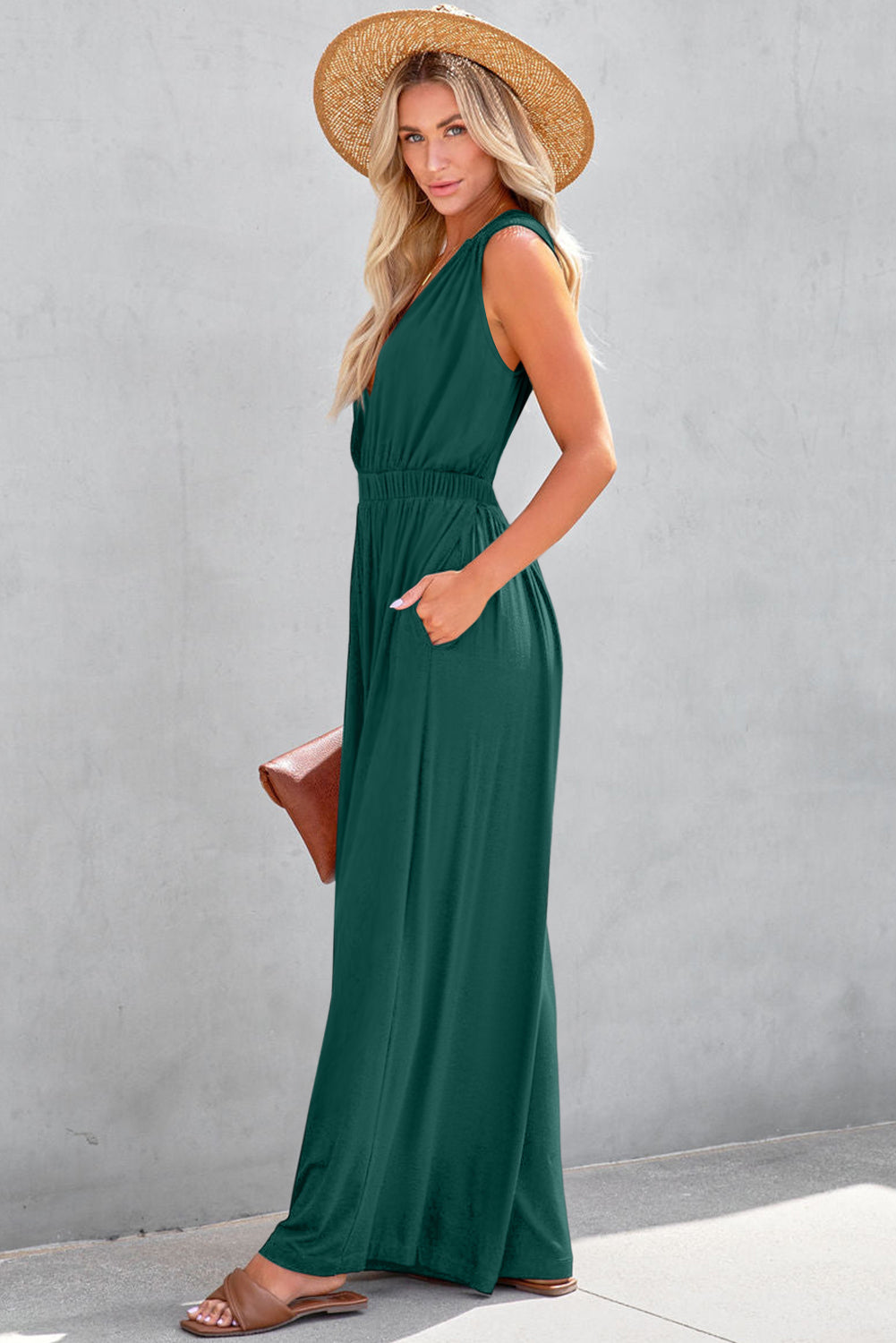 Blackish Green Deep V Pleated Crisscross Wide Leg Backless Jumpsuit