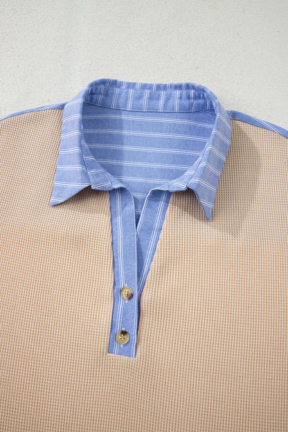 Parchment Plus Size Striped Contrast Trim Waffle Knit Collared Top