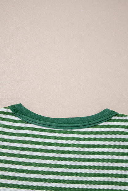 Green Stripe Thermal Knit Drop Shoulder Casual Top
