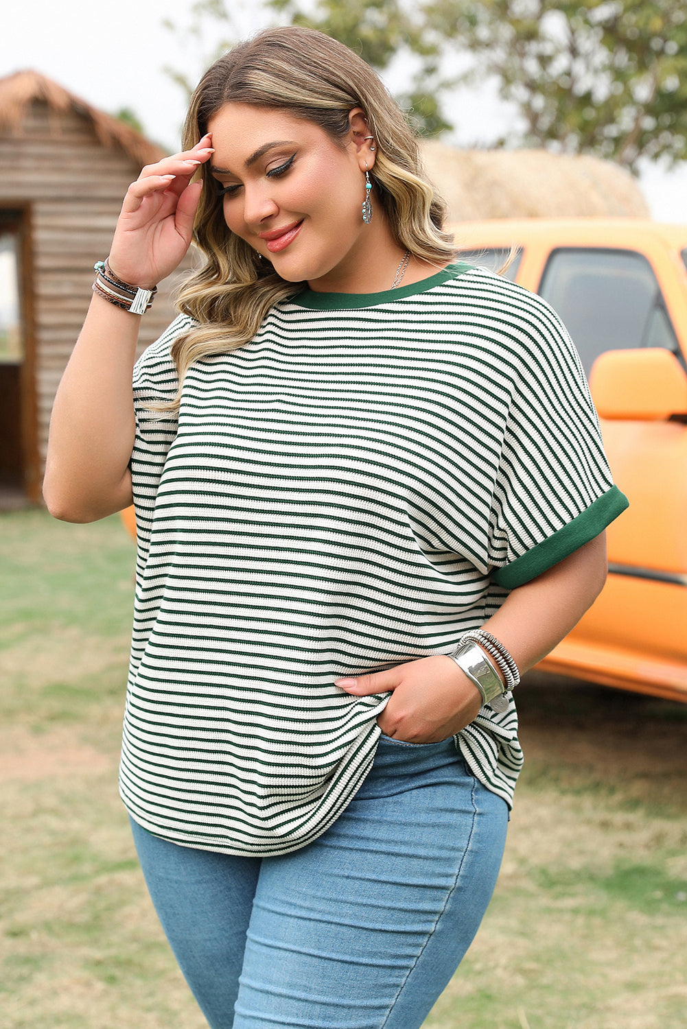 Green Stripe Trimmed Round Neck Plus Size Boxy Fit T-shirt