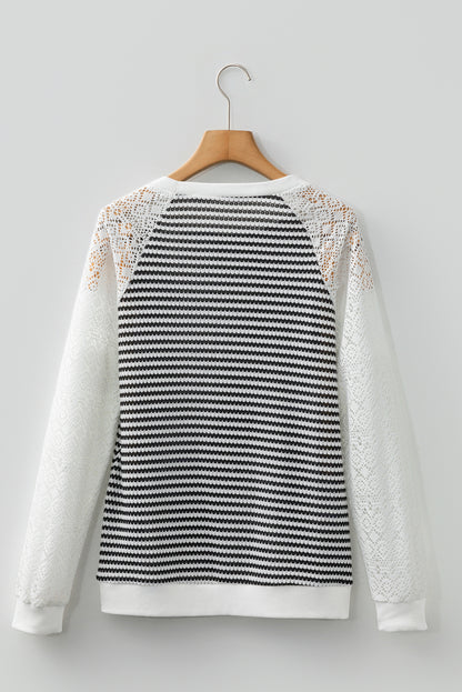 Black Stripe Textured Knit Contrast Hollowed Lace Patchwork Long Sleeve Top