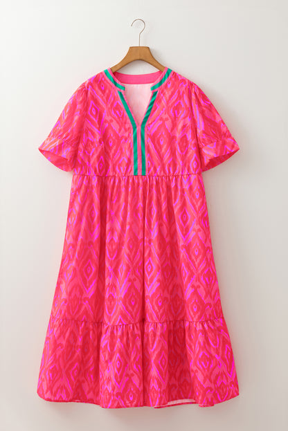 Red Allover Print Contrast Split Neckline Short Puff Sleeve Curvy Dress