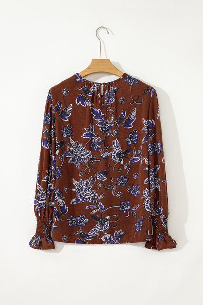 Brown Autumn Floral Print Smocked Cuffs Shift Blouse