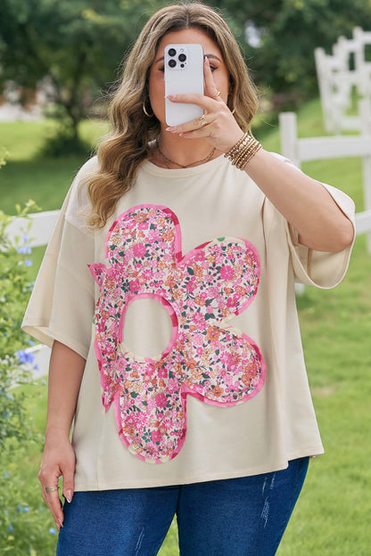 Jet Stream Big Flower Patched Plus Size Tunic T-Shirt