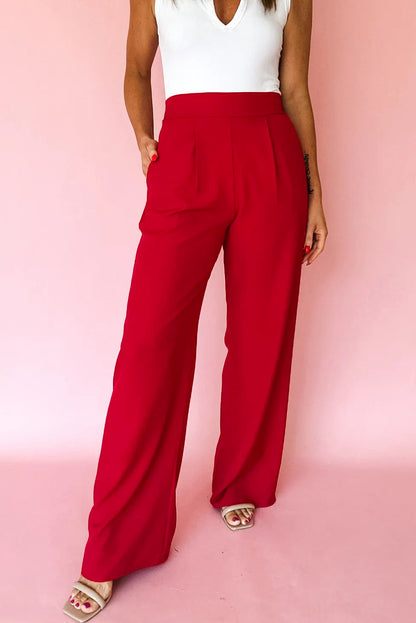 Fiery Red Pleated Detail Pull On High Elastic Waist Loose Straight Pants