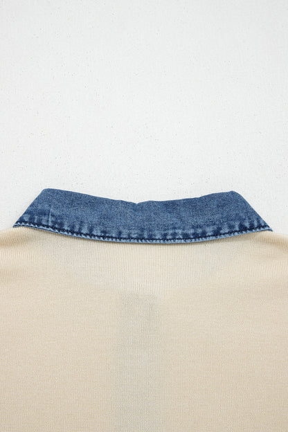Jet Stream Short Sleeve Knit Denim Patchwork Polo Collar Sweater