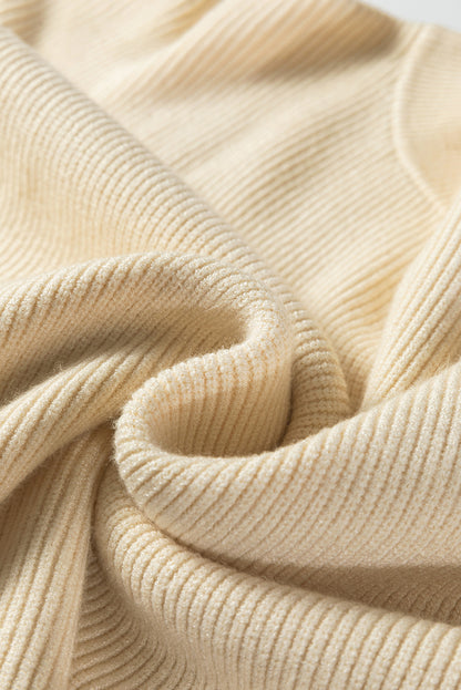 Beige Ribbed Knit Contrasted Stripe Detail Button Side Loose Sweater