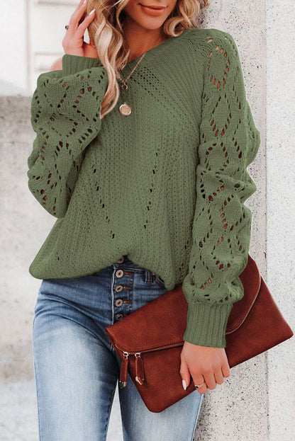 Blue Hollow-out Puffy Sleeve Knit Sweater