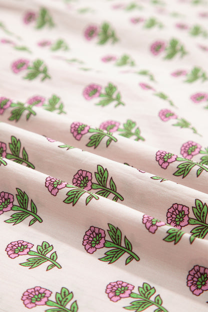 Pink Floral Print V Neck Scallop Trim Button Front Short Sleeve Long Dress