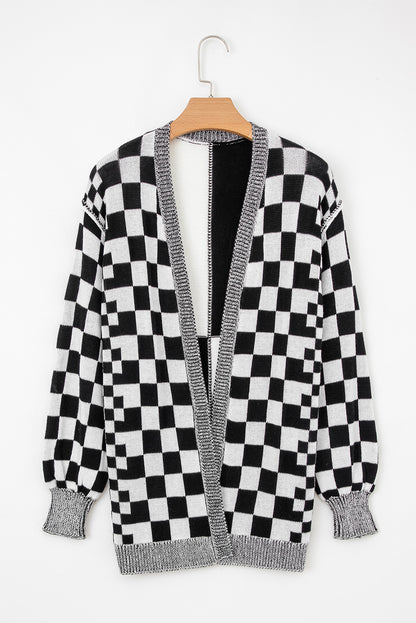 Black Checkered Open Front Drop Shoulder Cardigan