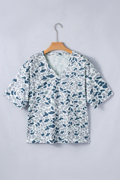 Gray Camouflage Print Single Chest Pocket V Neck Tee