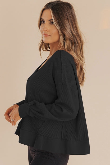 Casual Waffle Knit Notched V Neck Drop Shoulder Solid Sweatshirt