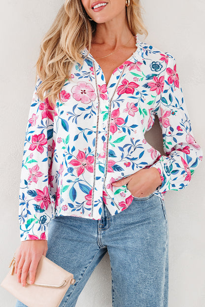 Pink Floral Print Lace Detail Button-up Long Sleeve Shirt