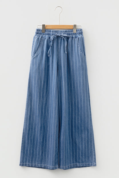 Blue Stripe Chambray Wide Leg Tied Elastic Waist Trousers