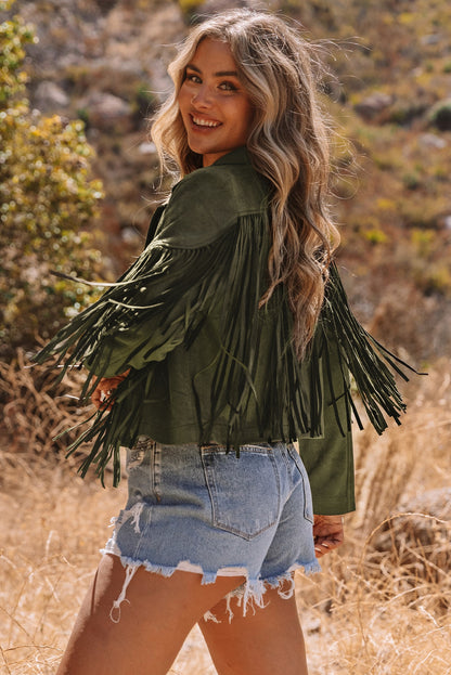 Green Cropped Fringe Faux Suede Jacket