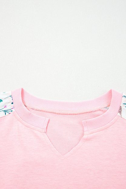 Light Pink Floral Colorblock Patchwork Chest Pocket Notched Neck Long Sleeve Top