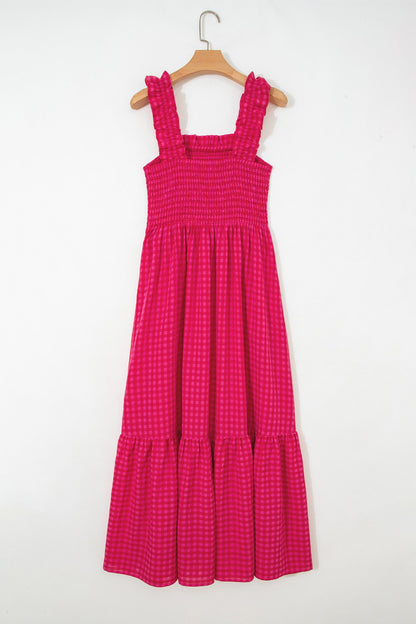 Red Plaid Square Neck Fit-and-flared Vacation Sundress