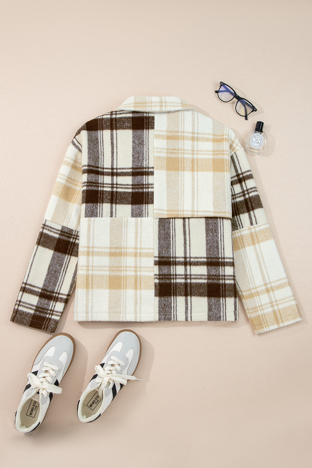 Multicolour Plaid Patchwork Side Pockets Buttoned Shacket