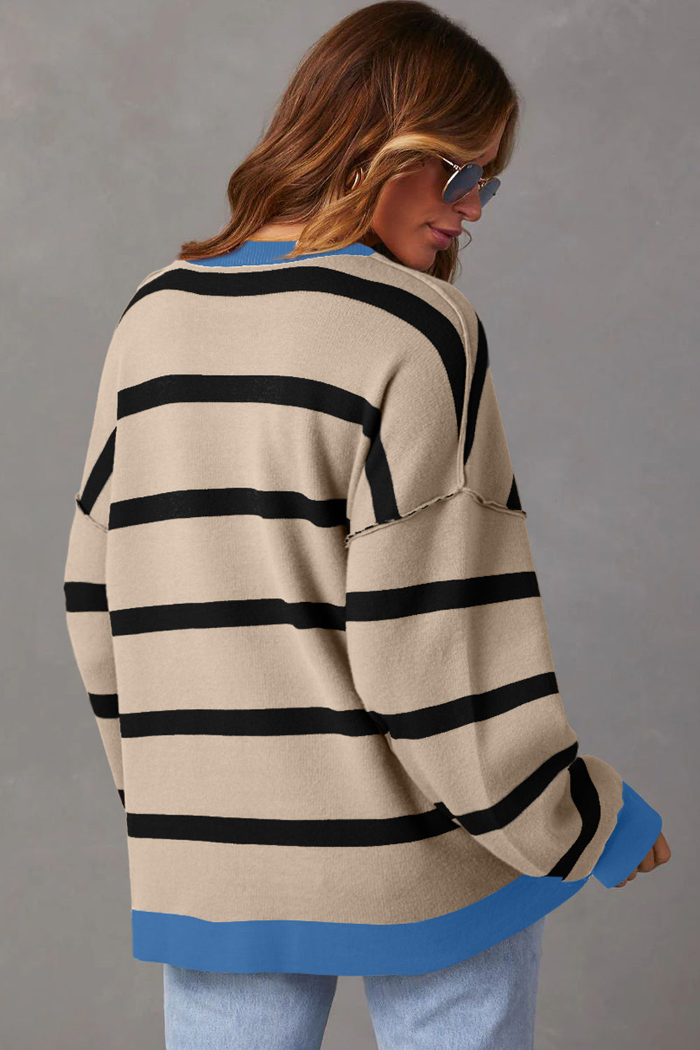 Pink Stripe Colorblock Drop Shoulder Buttoned Loose Cardigan