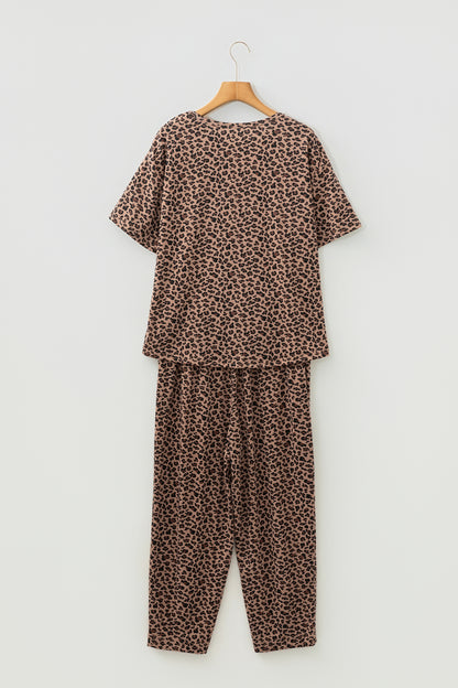 Brown Leopard Loose Tee Drawstring Waist Barrel Pants Set