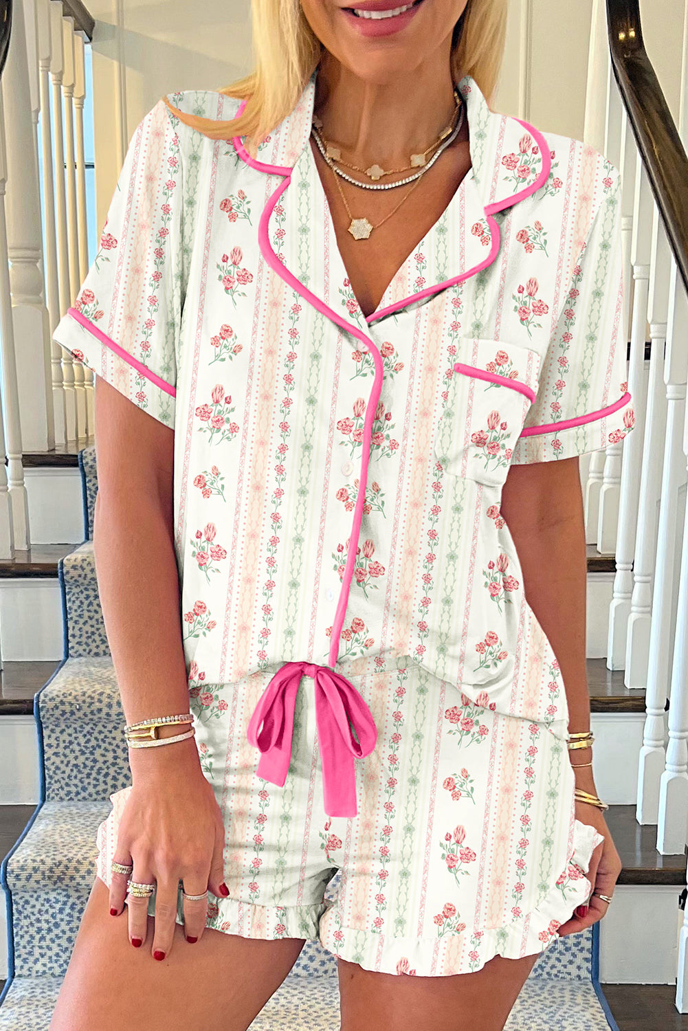 White Floral Print Contrast Pipping Short Pajamas Set