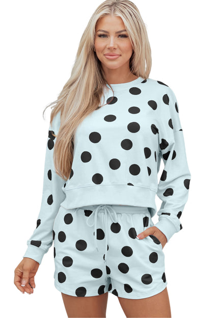 Sky Blue Polka Dot Print Drop Shoulder Pullover Drawstring Shorts Set