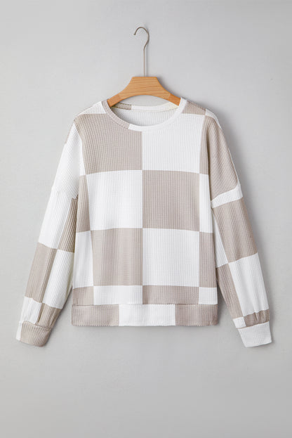 Khaki Checkered Print Breathable Textured Long Sleeve Top