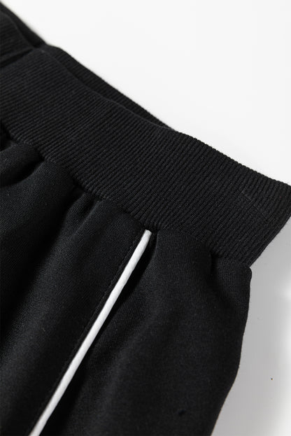 Black Contrast Piping Crewneck Pullover Mini Skirt Set