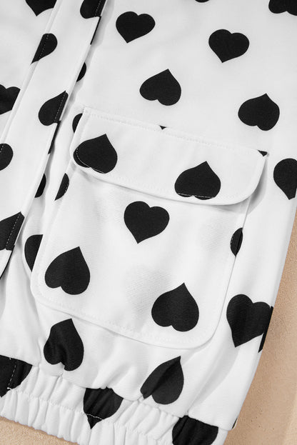White Double Flap Pocket Heart Print Collar Zip Jacket