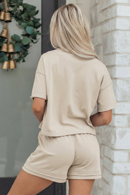 Jet Stream Solid Color Contrast Textured Patchwork Raw Edge 2pcs Short Set