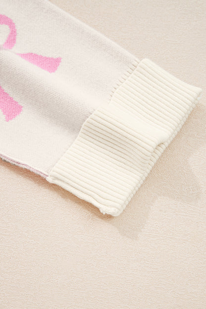Pink Bow Print Ribbed Trim Exposed Seam Drop Shoulder Loose Sweater