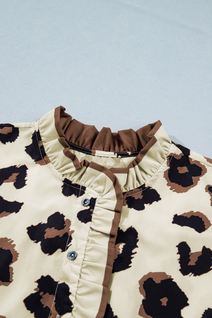 Khaki Plus Size Leopard Print Frilled Color Block Trim Button Down Short Sleeve Blouse