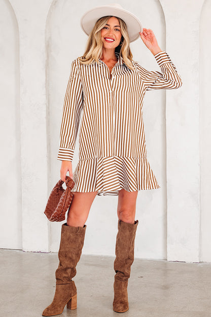 Brown Stripe Ruffled Hem Collared Long Sleeve Shirt Mini Dress